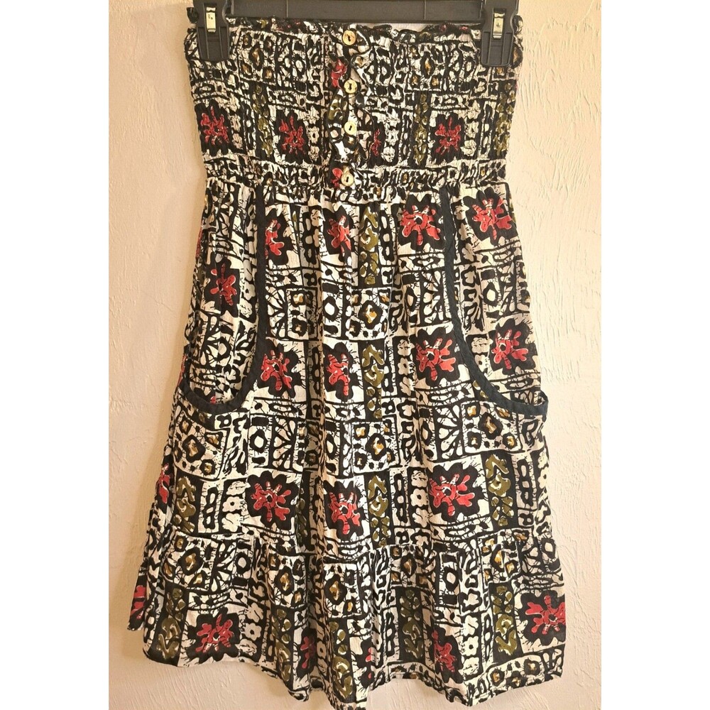 Fire LA Boho Floral Geometric Crinkle‎ Cotton Minidress Black Red Olive S Edgy